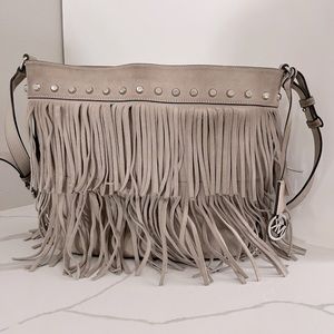 Michael Kors fringe suede leather cream grey purse handbag bag crossbody